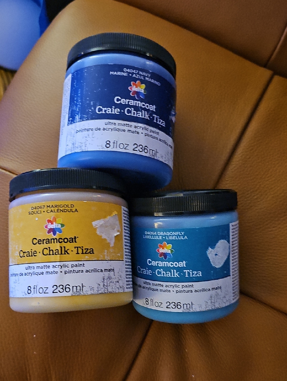 Delta Ceramcoat Chalk Paint Trio in Navy Blue, Turqouise, and Golden Yellow